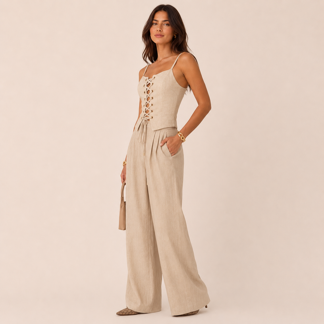 Cinch | Beige Lace-Up Corset Wide Leg Pant Set