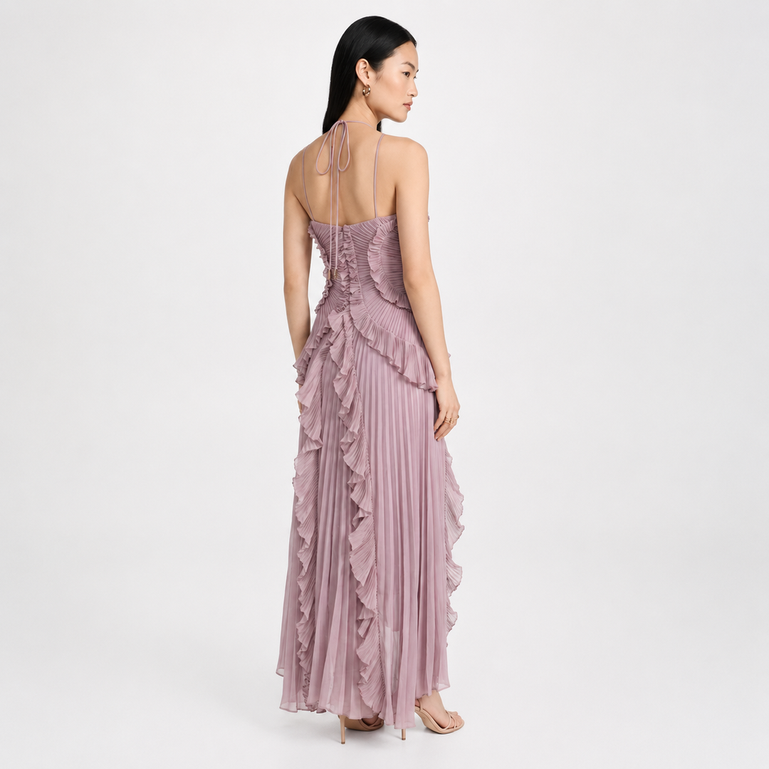 Grace | Purple Pleated Frill Wedding Guest Maxi Dress