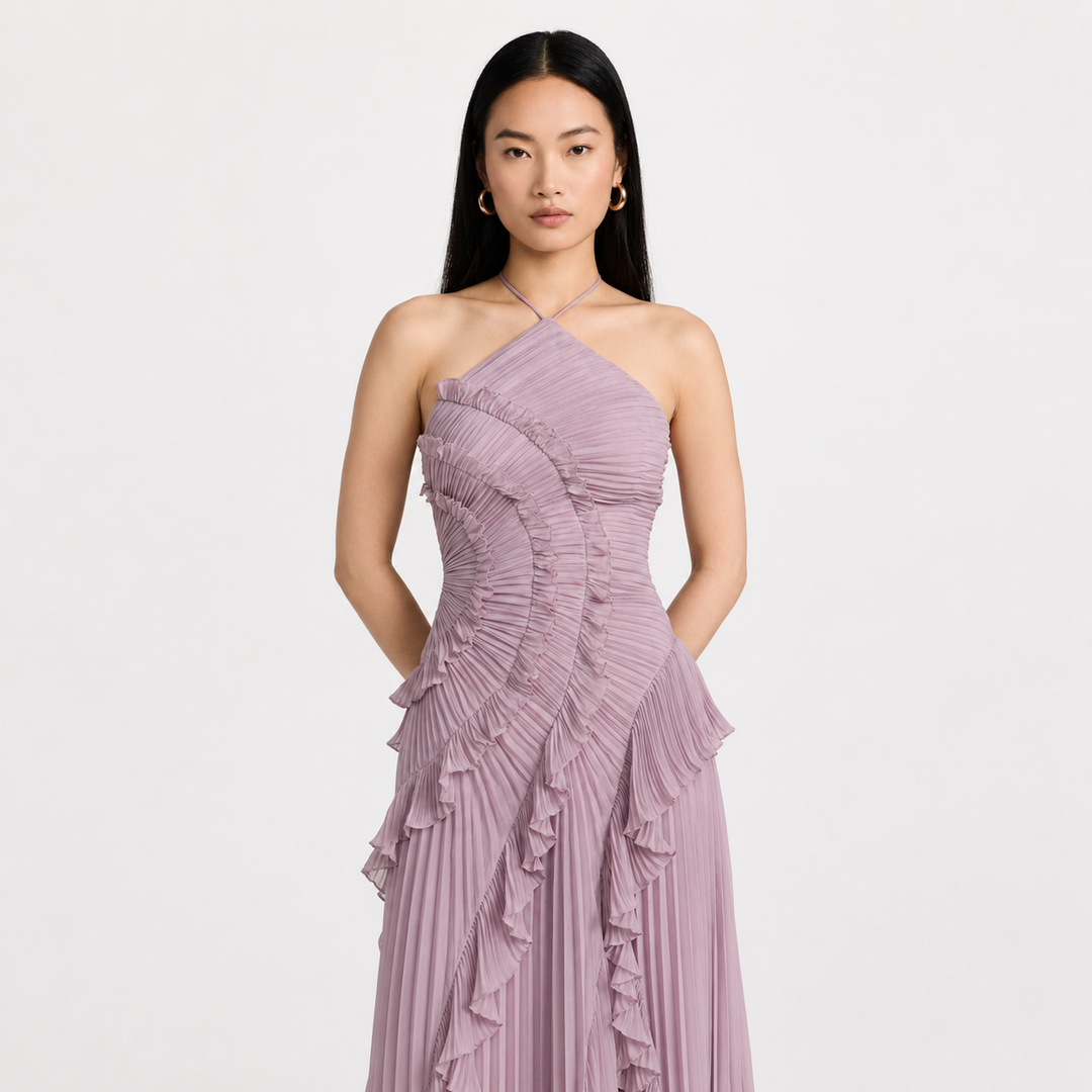 Grace | Purple Pleated Frill Wedding Guest Maxi Dress