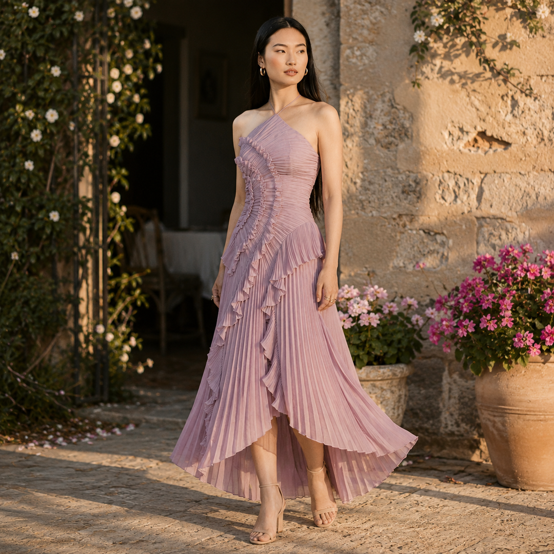 Grace | Purple Pleated Frill Wedding Guest Maxi Dress