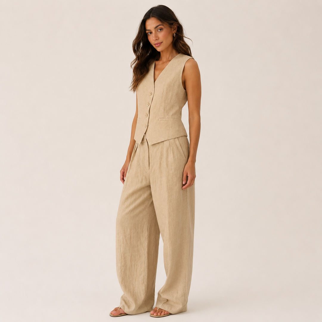 Drift | Beige Linen Vest &amp; Wide Leg Pant Set