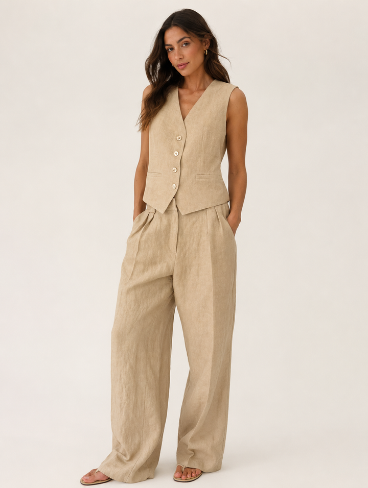 Drift | Beige Linen Vest &amp; Wide Leg Pant Set