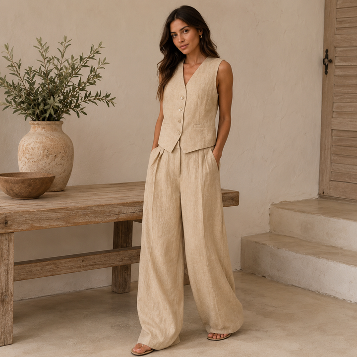 Drift | Beige Linen Vest &amp; Wide Leg Pant Set