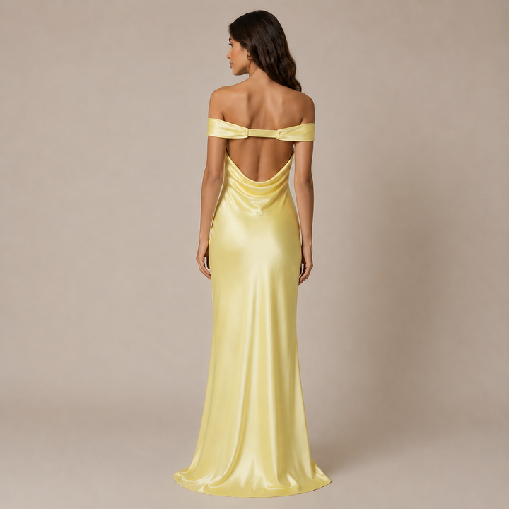 Simmer | Butter Yellow Off Shoulder Satin Twist Bust Maxi Dress