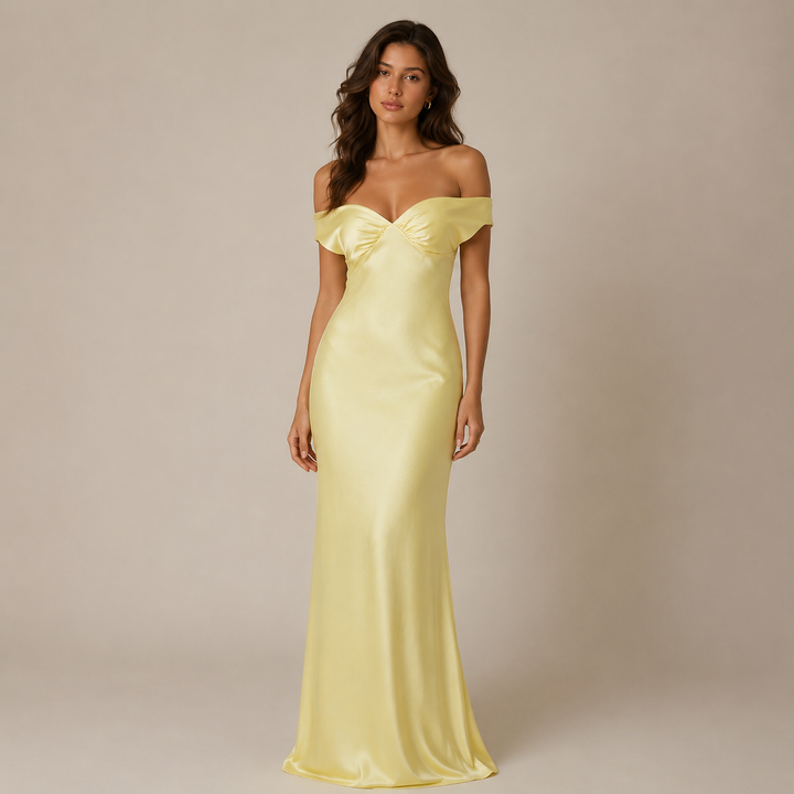 Simmer | Butter Yellow Off Shoulder Satin Twist Bust Maxi Dress