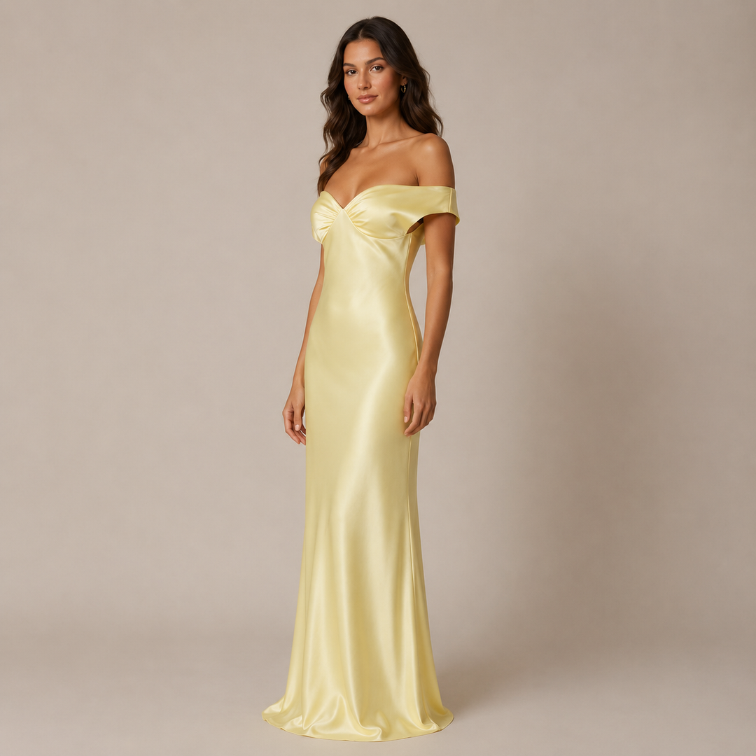 Simmer | Butter Yellow Off Shoulder Satin Twist Bust Maxi Dress