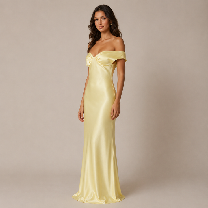 Simmer | Butter Yellow Off Shoulder Satin Twist Bust Maxi Dress