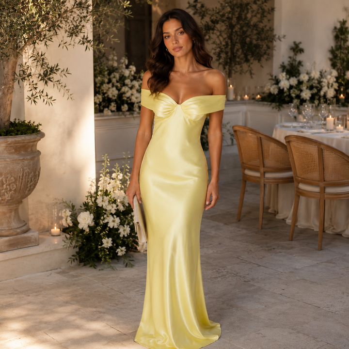 Simmer | Butter Yellow Off Shoulder Satin Twist Bust Maxi Dress