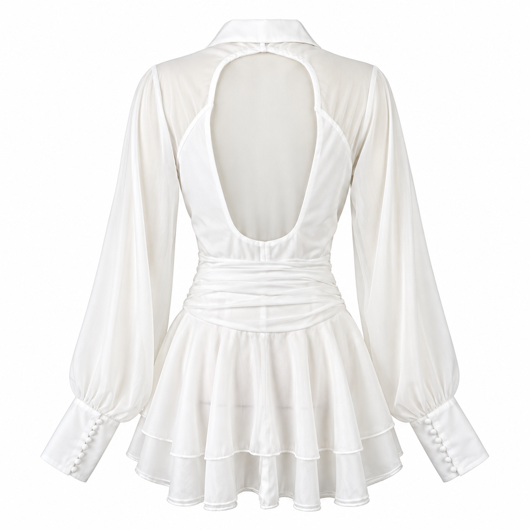 Hush | White Chiffon Lantern Sleeve Backless Ruffle Mini Dress