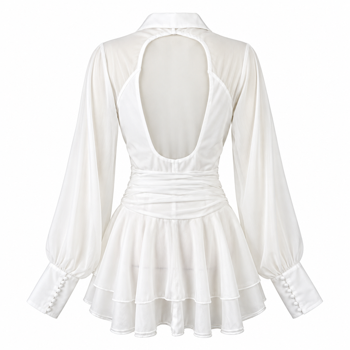 Hush | White Chiffon Lantern Sleeve Backless Ruffle Mini Dress