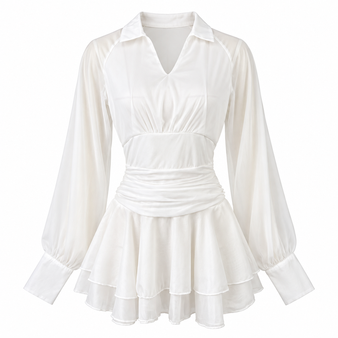 Hush | White Chiffon Lantern Sleeve Backless Ruffle Mini Dress