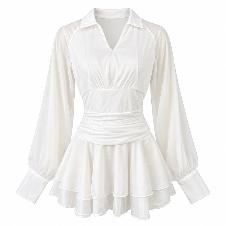 Hush | White Chiffon Lantern Sleeve Backless Ruffle Mini Dress