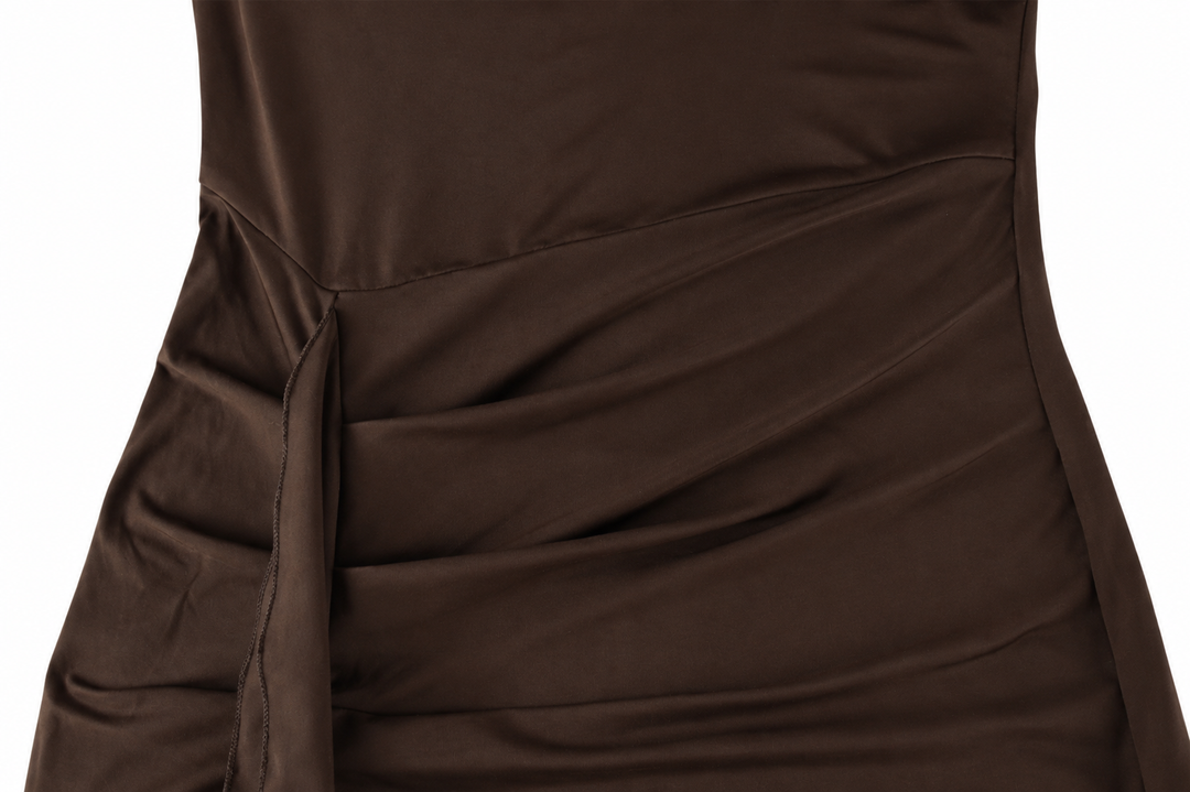 Tuck | Brown Turtleneck Long Sleeve Ruched Maxi Dress