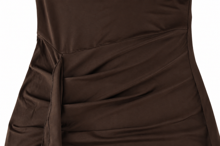 Tuck | Brown Turtleneck Long Sleeve Ruched Maxi Dress