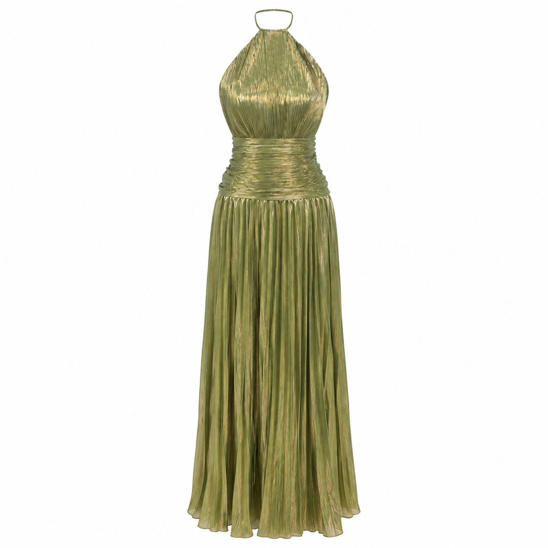 Beam | Metallic Green Halter Pleated High Slit Maxi Dress