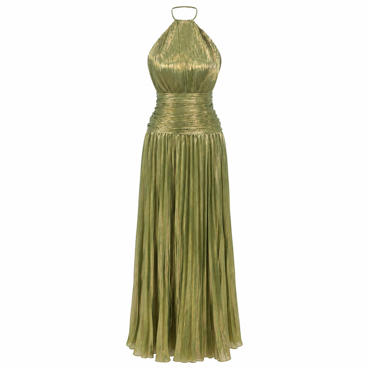 Beam | Metallic Green Halter Pleated High Slit Maxi Dress