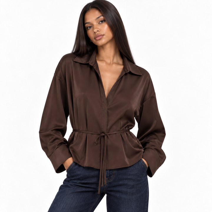 Smooth | Satin Tie Waist Peplum Blouse