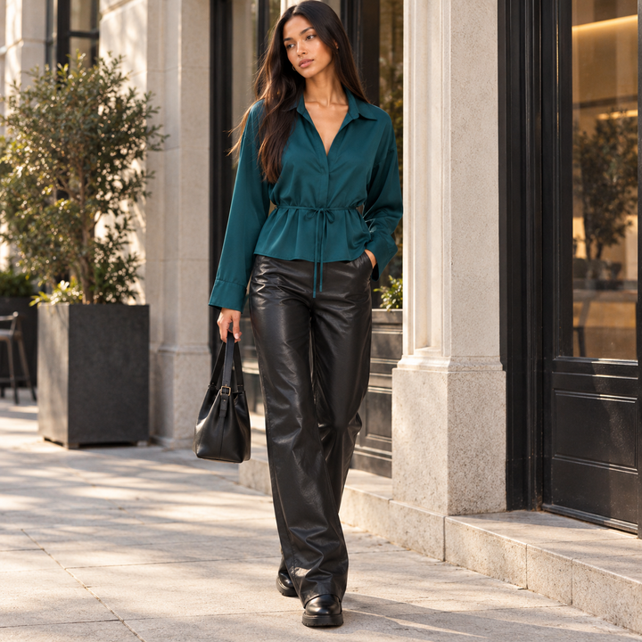 Smooth | Satin Tie Waist Peplum Blouse