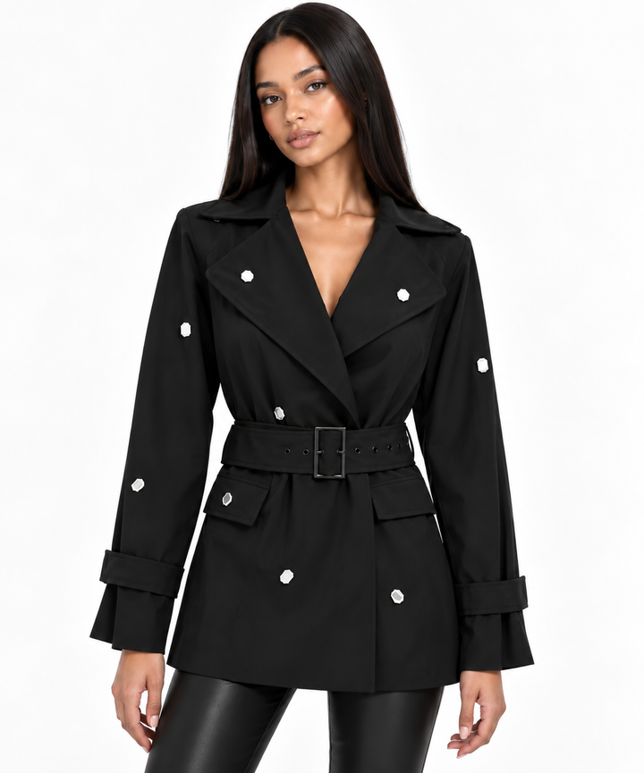 Obsess | Black Crystal Embellished Belted Trench Jacket
