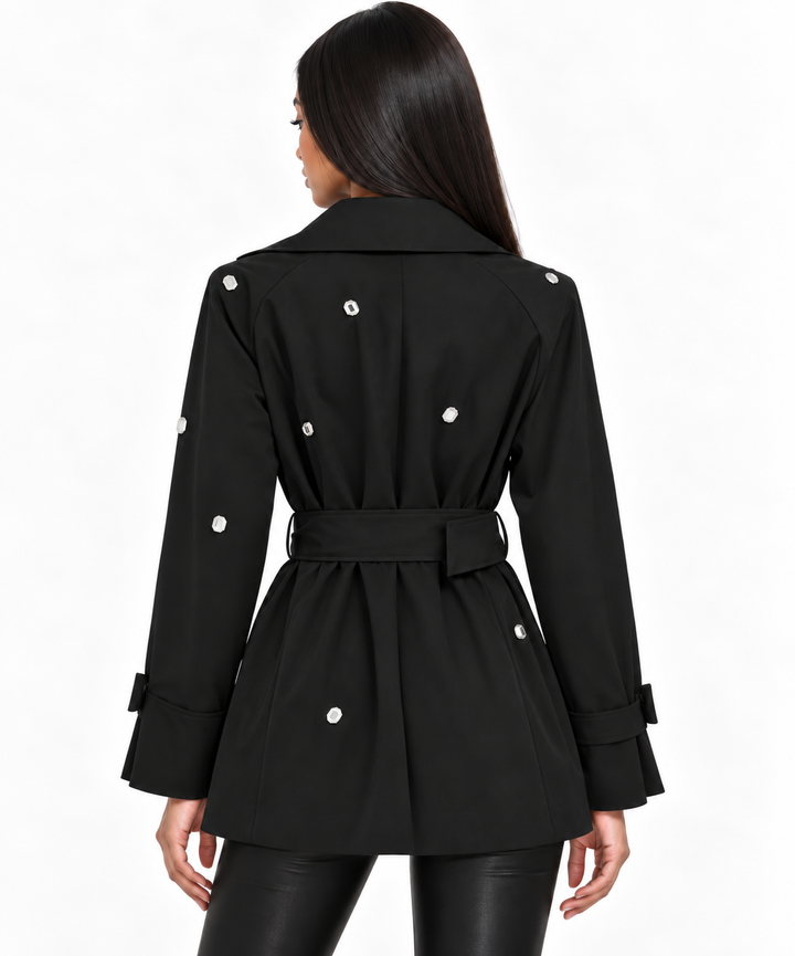Obsess | Black Crystal Embellished Belted Trench Jacket