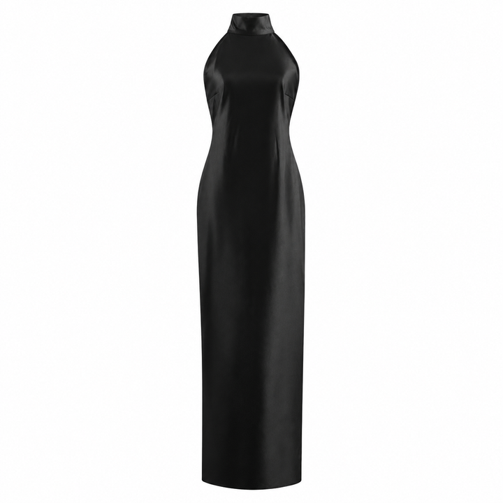 Pearl | Black Halter Satin Pearl Maxi Dress