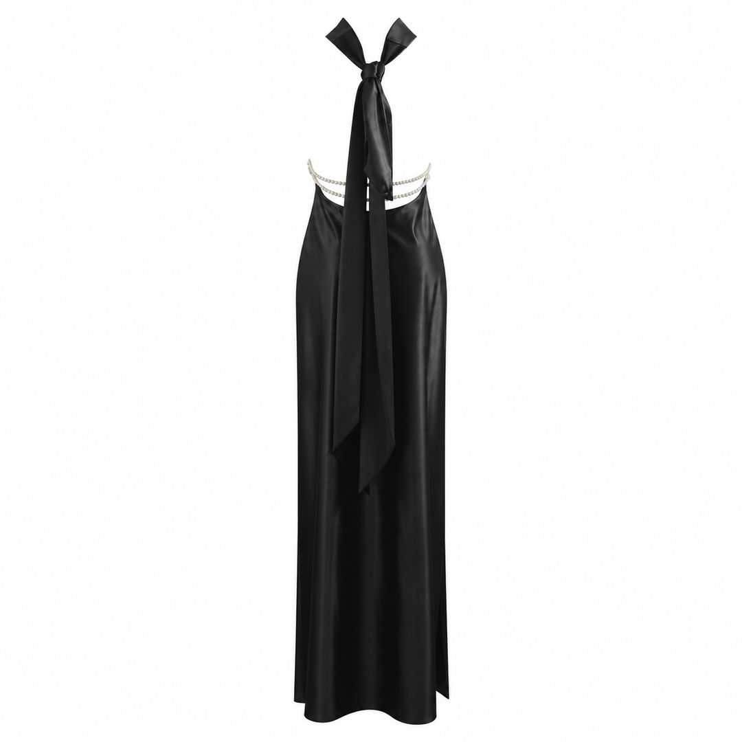 Pearl | Black Halter Satin Pearl Maxi Dress