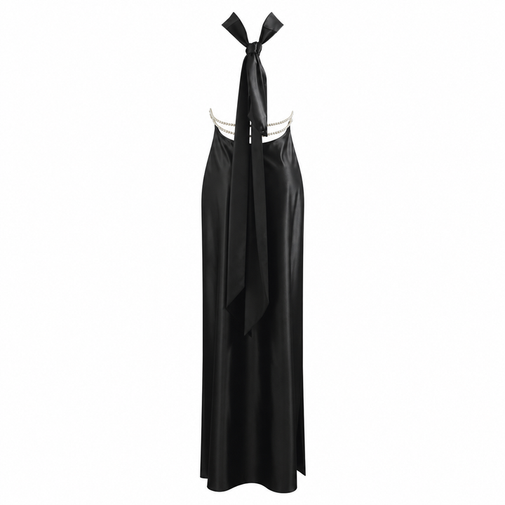 Pearl | Black Halter Satin Pearl Maxi Dress