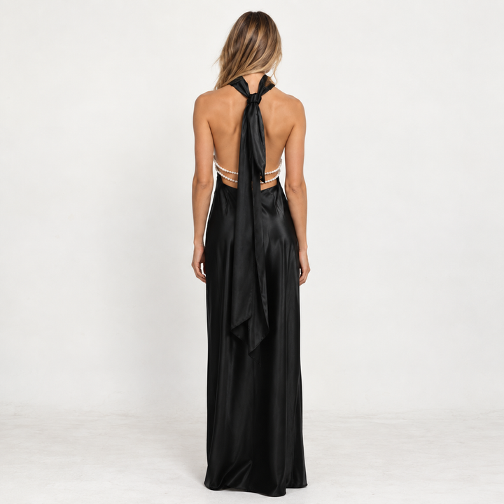 Pearl | Black Halter Satin Pearl Maxi Dress