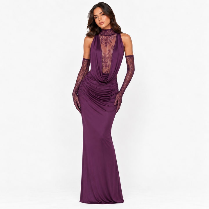 Nocturne | Lace Halter Maxi Dress with Gloves