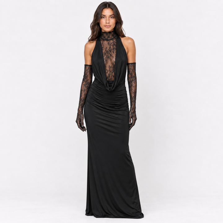 Nocturne | Lace Halter Maxi Dress with Gloves