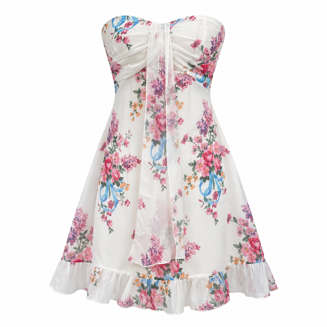 Fawn | White Floral Strapless Babydoll Ruffle Mini Dress