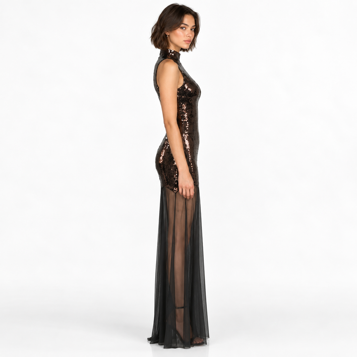 Stun | Chocolate Brown Sequin Mock Neck Maxi Dress