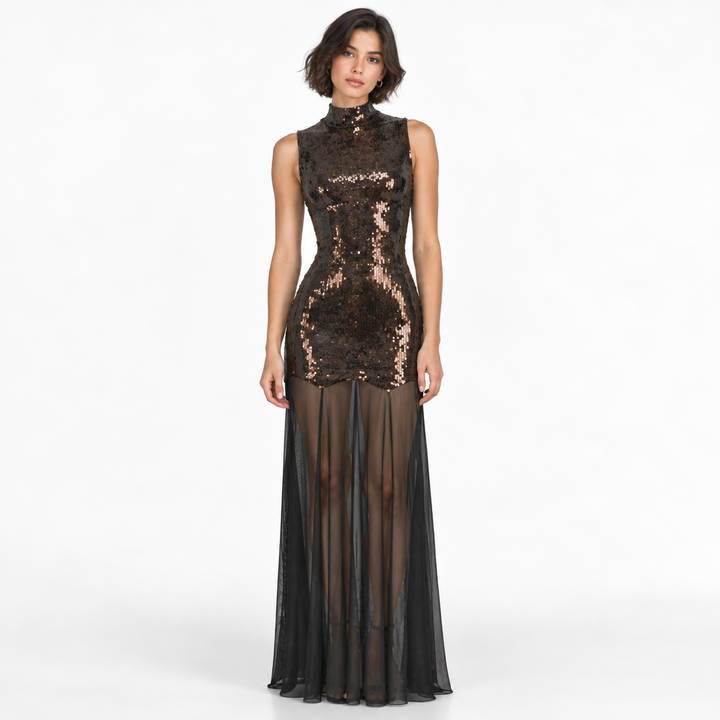Stun | Chocolate Brown Sequin Mock Neck Maxi Dress