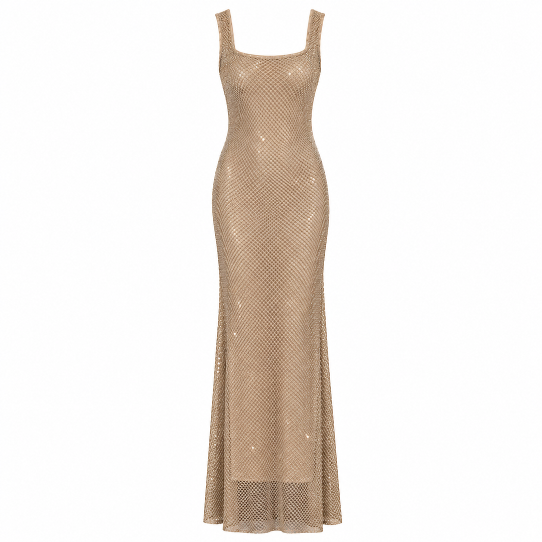 Glint | Champagne Rhinestone Mesh Maxi Dress