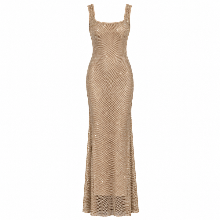 Glint | Champagne Rhinestone Mesh Maxi Dress