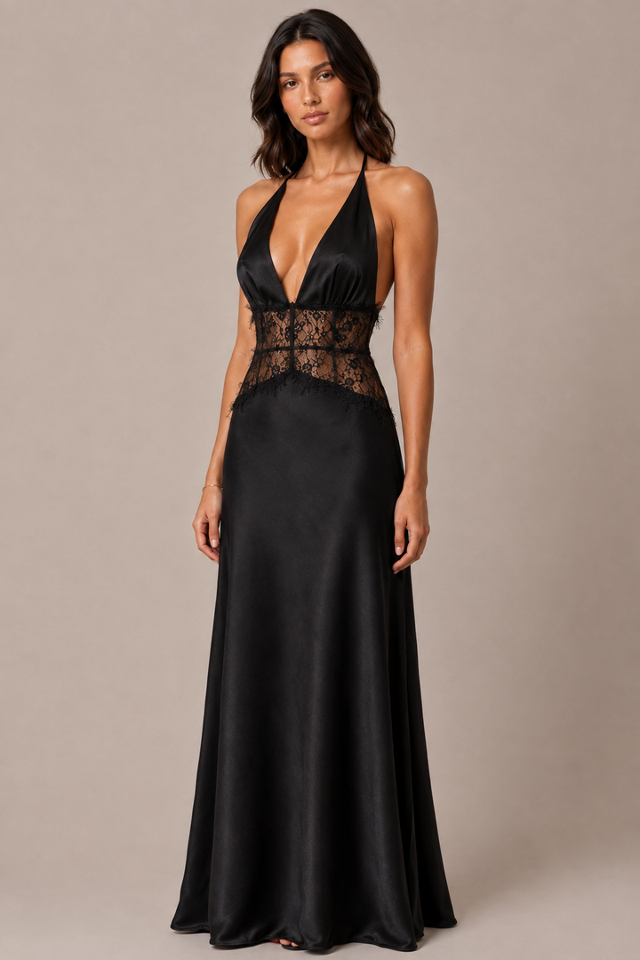 Smoke | Black Satin Halter Lace Maxi Dress