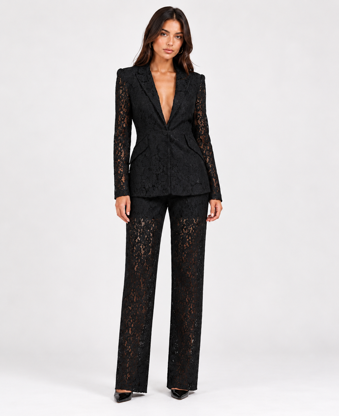 Veil | Lace Peplum Blazer and Wide Leg Pants Set