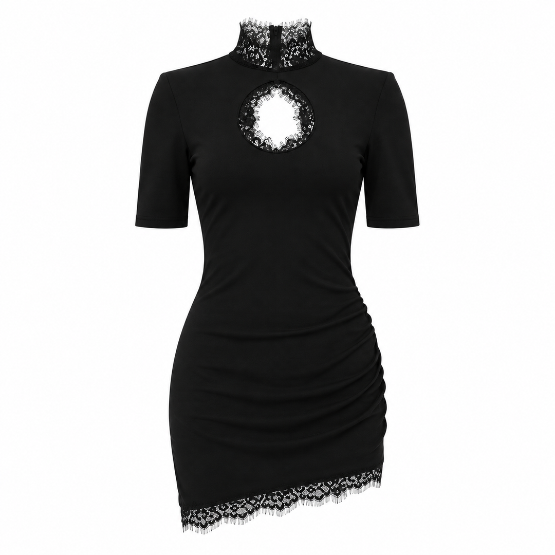 Catch | Black Lace Trim Mock Neck Cutout Bodycon Mini Dress