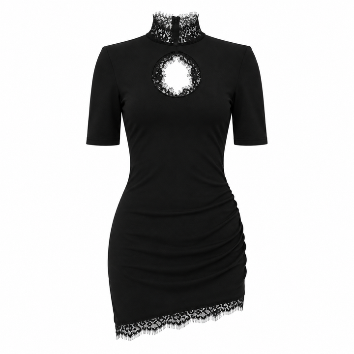 Catch | Black Lace Trim Mock Neck Cutout Bodycon Mini Dress