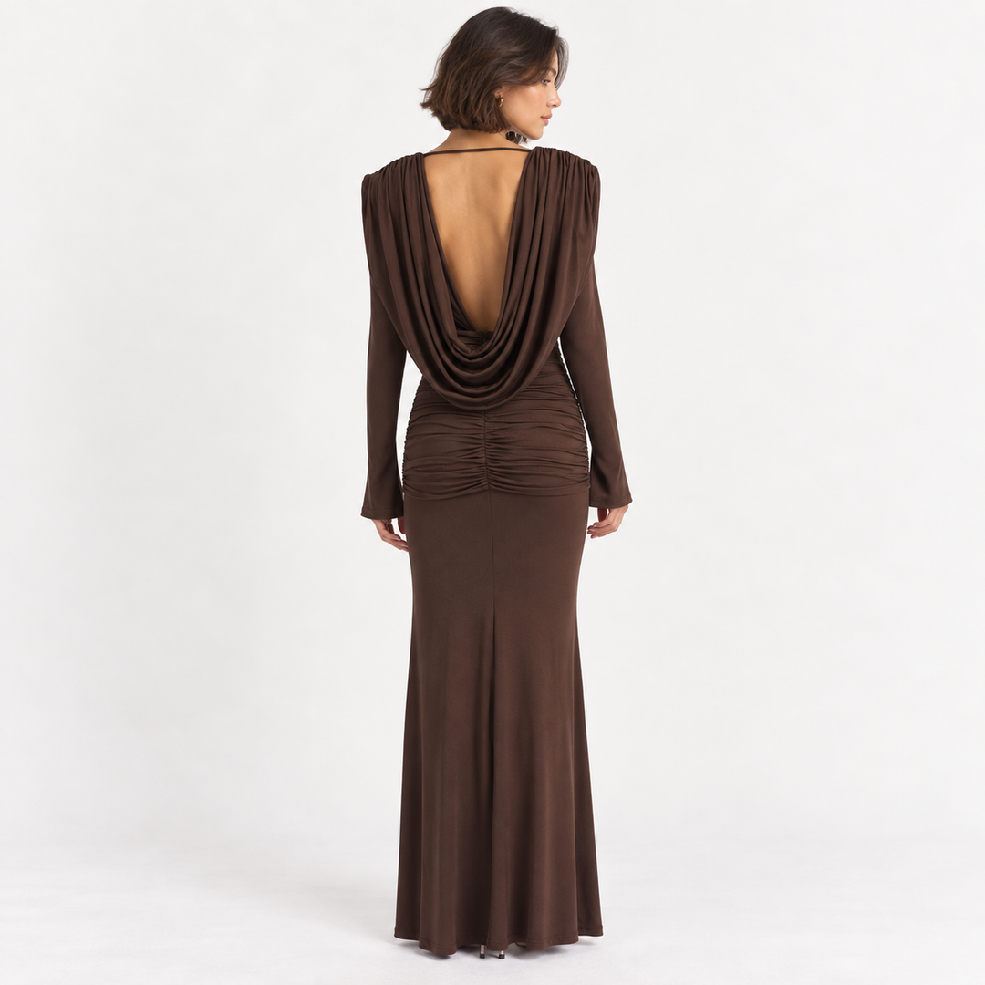 Lay | Draped Neckline Ruched Long Sleeve Maxi Dress