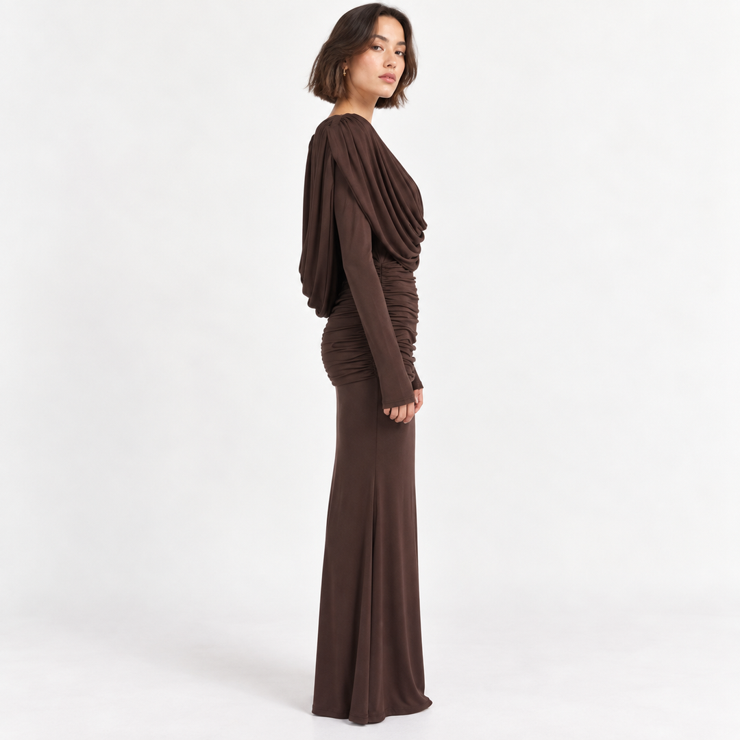 Lay | Draped Neckline Ruched Long Sleeve Maxi Dress