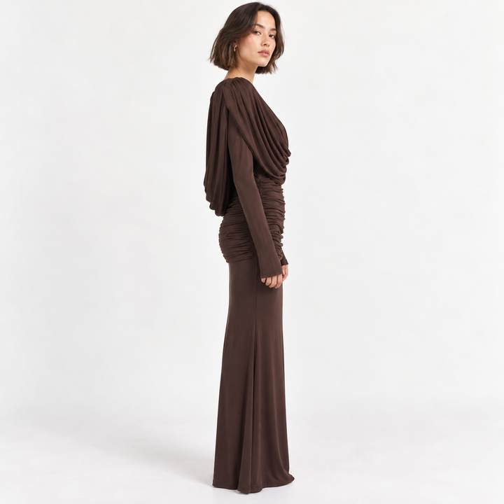 Lay | Draped Neckline Ruched Long Sleeve Maxi Dress