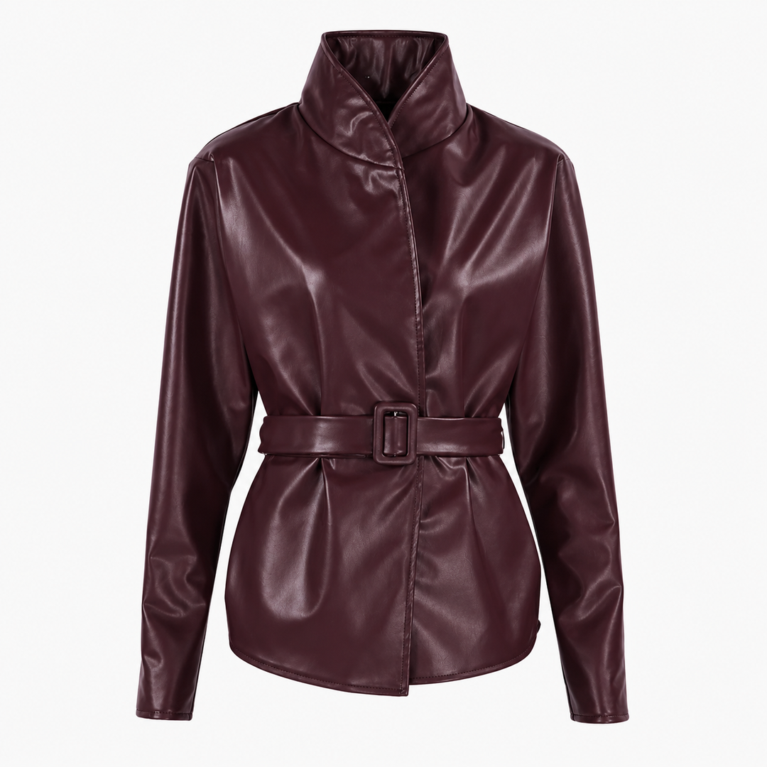 Verge | Faux Leather High Collar Belted Jacket
