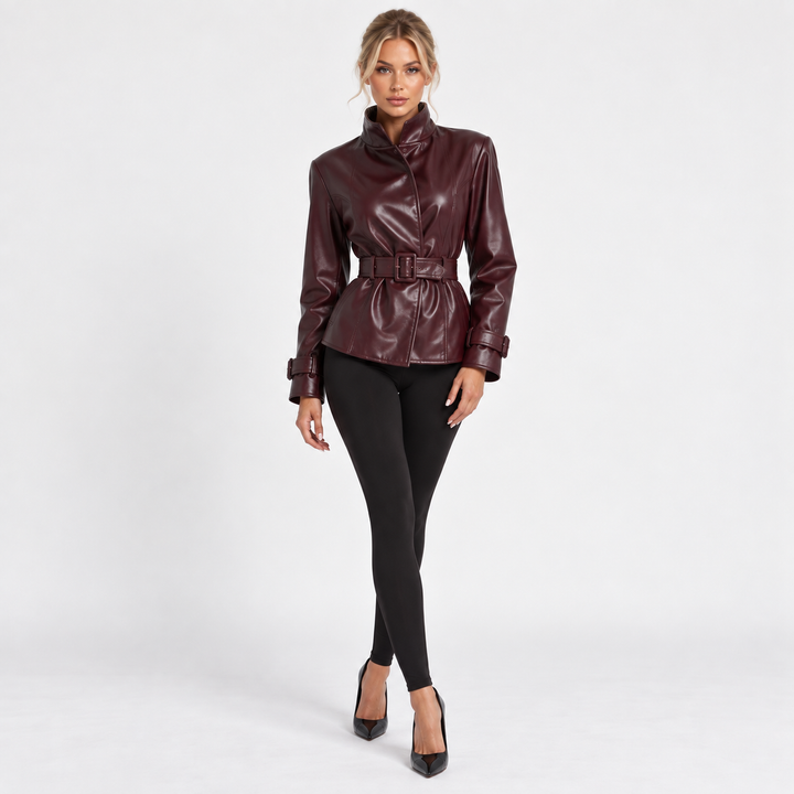 Verge | Faux Leather High Collar Belted Jacket