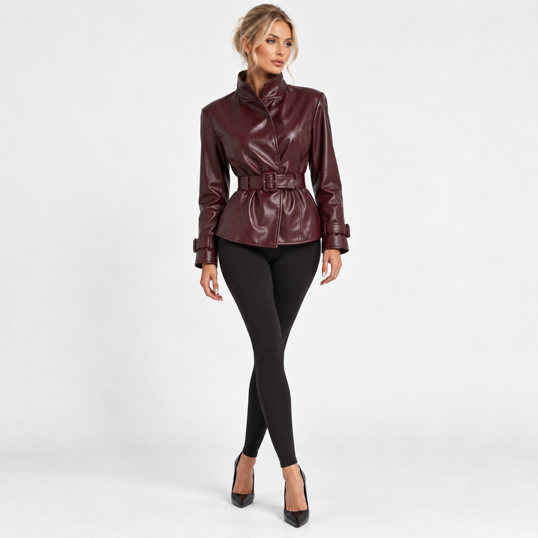 Verge | Faux Leather High Collar Belted Jacket