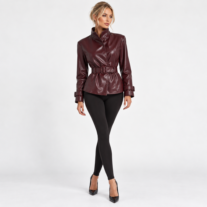 Verge | Faux Leather High Collar Belted Jacket