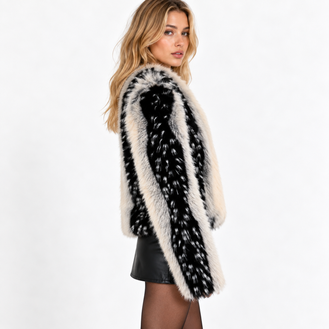 Graze | Black and White Stripe Faux Fur Jacket
