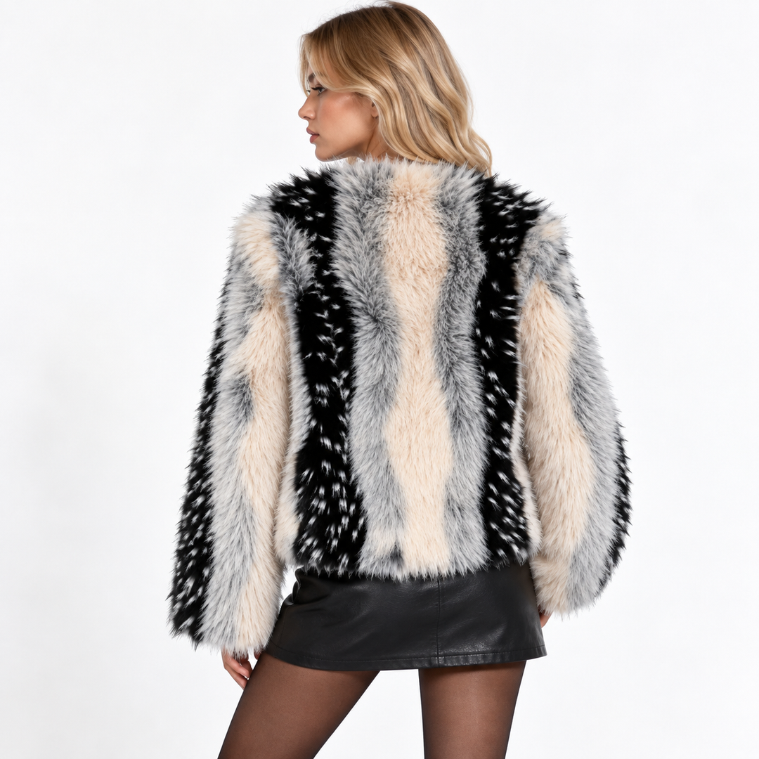 Graze | Black and White Stripe Faux Fur Jacket