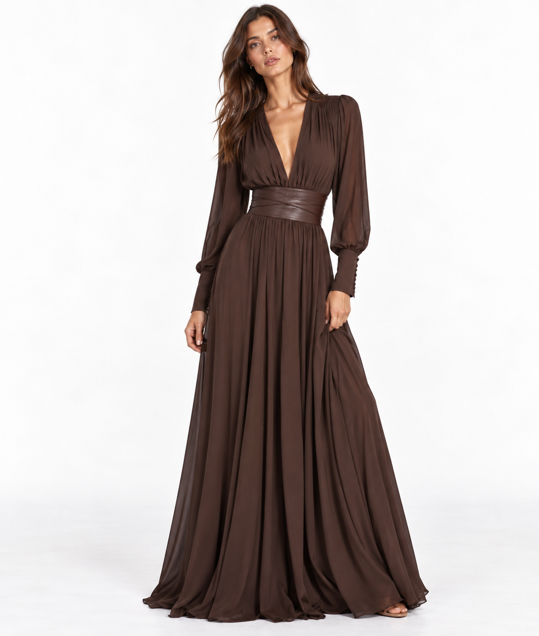 Tie | Chocolate Brown Deep V Balloon Sleeve Belted Maxi Dress
