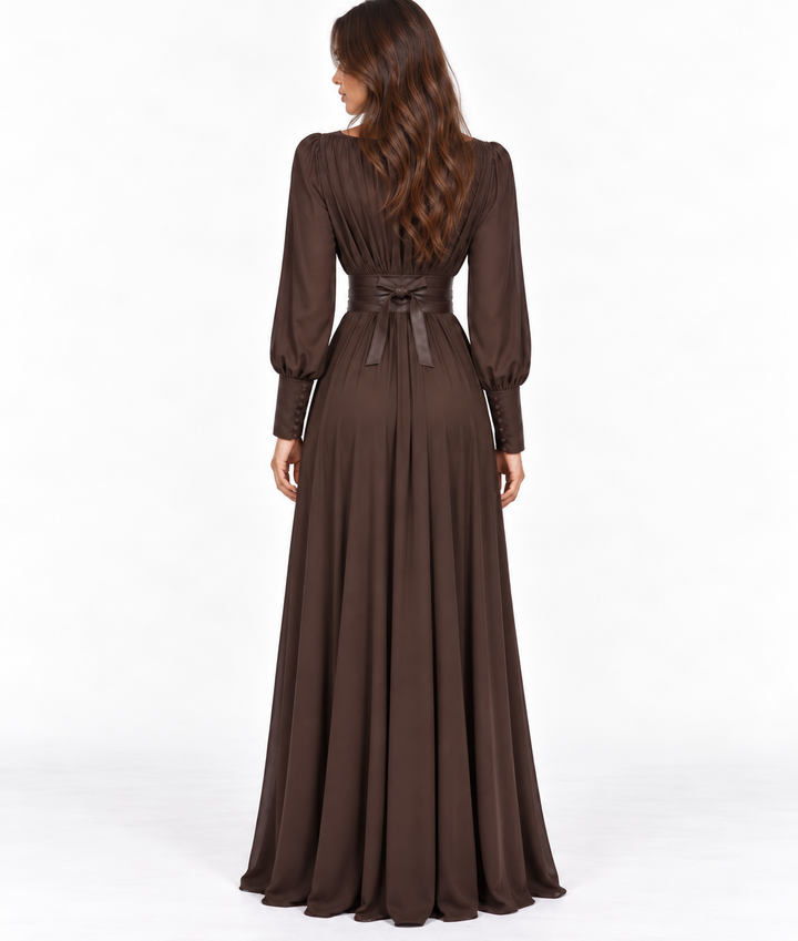 Tie | Chocolate Brown Deep V Balloon Sleeve Belted Maxi Dress